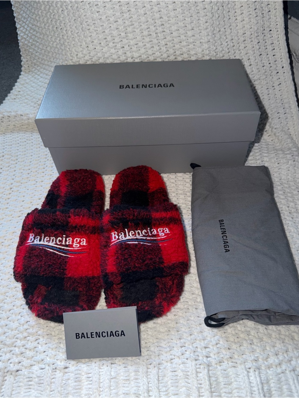 Balenciaga Red and Black Fuzzy Plaid Slide Sandals